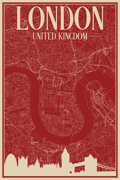 色彩斑斓的手工绘制的英国伦敦市中心的框图 带有醒目的古城天际线和字体 — 图库矢量图片