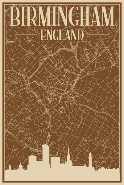 Buntes Handgezeichnetes Gerahmtes Plakat Der Innenstadt Von Birmingham Vereinigtes Königreich — Stockvektor