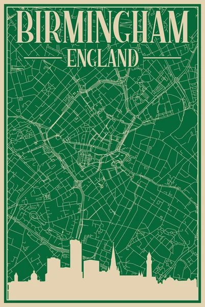 Barevný Ručně Kreslený Plakát Birmingham United Kingdom Zvýrazněným Historickým Panoramatem — Stockový vektor
