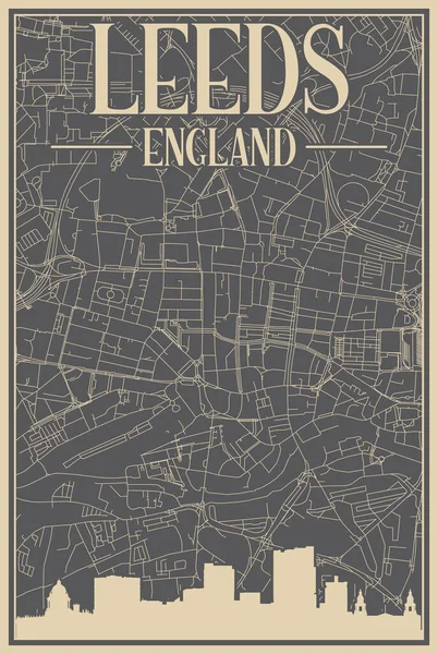 Красочный Нарисованный Вручную Плакат Центра Города Leeds United Kingdom Выделенным — стоковый вектор