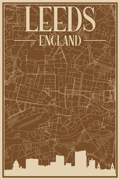 Buntes Handgezeichnetes Gerahmtes Plakat Der Leeds Der Innenstadt Vereinigtes Königreich — Stockvektor
