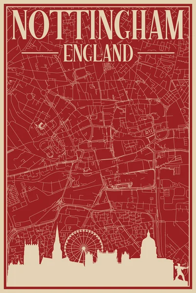 色彩艳丽的手工绘制的英国诺丁汉市中心的框图 带有醒目的古城天际线和字体 — 图库矢量图片