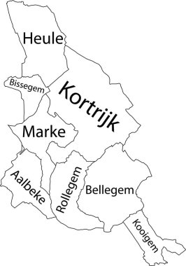 KORTRIJKE 'in beyaz düz vektör idari haritası, Belediyelerinin isim etiketleri ve siyah sınır çizgilerine sahip BELGIUM