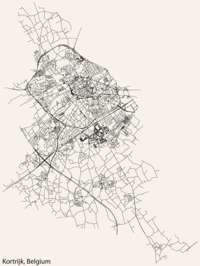 Belçika 'nın KORTRIJK kentinin elle çizilmiş yol haritası, sağlam yol çizgileri ve klasik arka planda isim etiketi bulunan BELGIUM