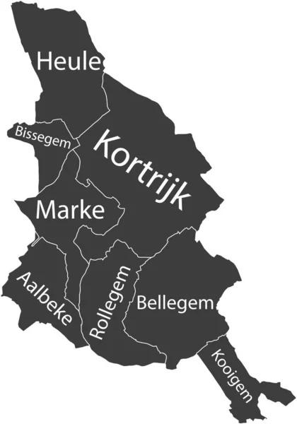 Vetor Plano Cinza Escuro Mapa Administrativo Kortrijk Bélgica Com Etiquetas —  Vetores de Stock