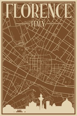 FLORENCE, ITALY merkezinin renkli el yapımı çerçeveli posteri vurgulanmış klasik şehir silueti ve harfleri