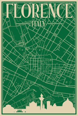 FLORENCE, ITALY merkezinin renkli el yapımı çerçeveli posteri vurgulanmış klasik şehir silueti ve harfleri