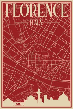 FLORENCE, ITALY merkezinin renkli el yapımı çerçeveli posteri vurgulanmış klasik şehir silueti ve harfleri