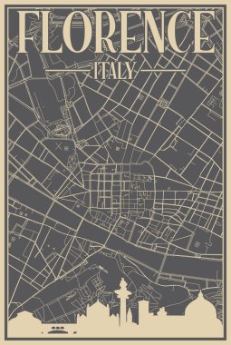 FLORENCE, ITALY merkezinin renkli el yapımı çerçeveli posteri vurgulanmış klasik şehir silueti ve harfleri