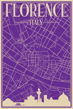 FLORENCE, ITALY merkezinin renkli el yapımı çerçeveli posteri vurgulanmış klasik şehir silueti ve harfleri