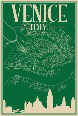 VENICE, İtalya şehir merkezinin renkli el yapımı çerçeveli posteri. Altını çizilmiş eski şehir silüeti ve harfleri var.