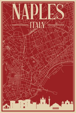 Şehir merkezindeki NAPLES, ITALY 'nin renkli el yapımı çerçeveli posteri, vurgulanmış klasik şehir silueti ve harfleri