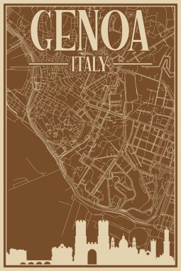 GENOA şehir merkezinin renkli el yapımı çerçeveli posteri, İtalya vurgulanmış klasik şehir silueti ve harfleri