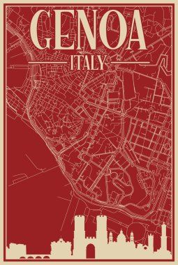 GENOA şehir merkezinin renkli el yapımı çerçeveli posteri, İtalya vurgulanmış klasik şehir silueti ve harfleri