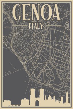 GENOA şehir merkezinin renkli el yapımı çerçeveli posteri, İtalya vurgulanmış klasik şehir silueti ve harfleri