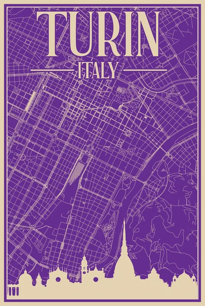 Colorato Poster Incorniciato Mano Del Centro Torino Italia Con Skyline — Vettoriale Stock