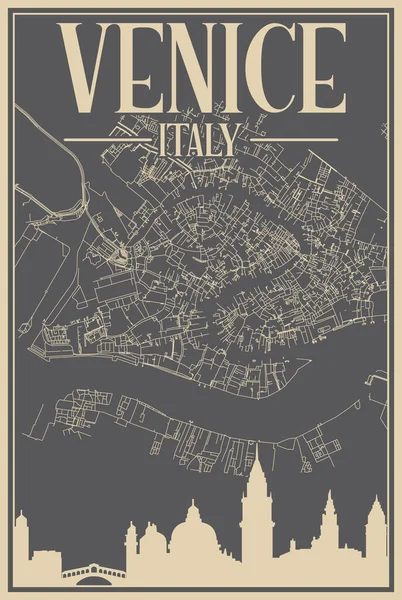 Kolorowy Ręcznie Rysowany Plakat Ramce Śródmieścia Venice Włochy Podkreślonym Zabytkowym — Wektor stockowy