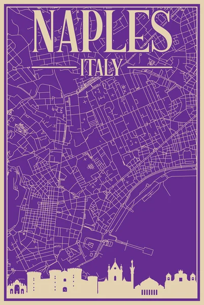 Colorato Poster Incorniciato Disegnato Mano Del Centro Napoli Italia Con — Vettoriale Stock