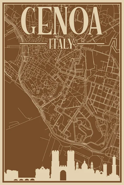 Colorato Poster Incorniciato Mano Del Centro Genova Italia Con Skyline — Vettoriale Stock