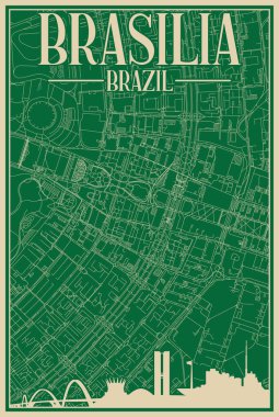 BRASILIA, BRAZIL merkezinin renkli el yapımı çerçeveli posteri vurgulanmış klasik şehir silueti ve harfleri