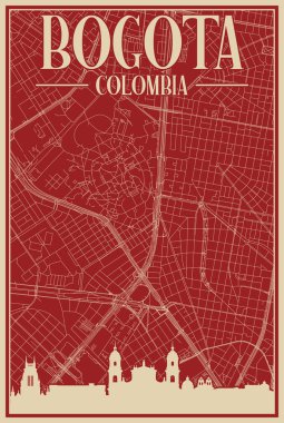 BOGOTA, COLOMBIA 'nın renkli el yapımı çerçeveli posteri, vurgulanmış klasik şehir silueti ve harfleri