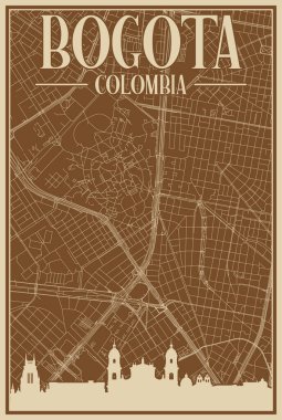 BOGOTA, COLOMBIA 'nın renkli el yapımı çerçeveli posteri, vurgulanmış klasik şehir silueti ve harfleri