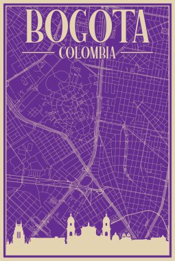 BOGOTA, COLOMBIA 'nın renkli el yapımı çerçeveli posteri, vurgulanmış klasik şehir silueti ve harfleri