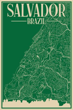 Şehir merkezindeki SALVADOR, BRAZIL 'in renkli el yapımı çerçeveli posteri, vurgulanmış klasik şehir silueti ve harfleri