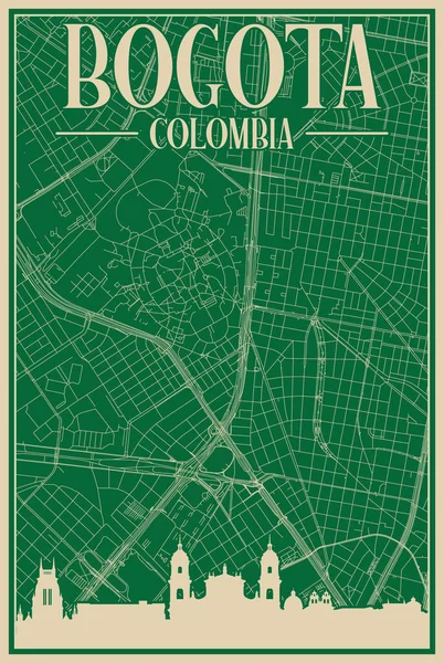 BOGOTA, COLOMBIA 'nın renkli el yapımı çerçeveli posteri, vurgulanmış klasik şehir silueti ve harfleri