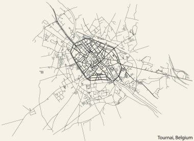 Belçika 'nın TOURNAI belediyesinin elle çizilmiş yol haritası, sağlam yol çizgileri ve klasik arka planda isim etiketi bulunan BELGIUM