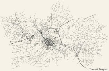 Belçika 'nın TOURNAI kentinin elle çizilmiş yol haritası, sağlam yol çizgileri ve klasik arka planda isim etiketi bulunan BELGIUM