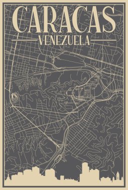 Şehir merkezindeki CARACAS, VENEZUELA 'nın renkli el yapımı çerçeveli posteri, vurgulanmış klasik şehir silueti ve harfleri