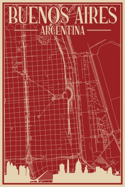 Şehir merkezindeki BÜNOS AIRES, ARGENTINA 'nın renkli el yapımı çerçeveli posteri, vurgulanmış klasik şehir silueti ve harfleri