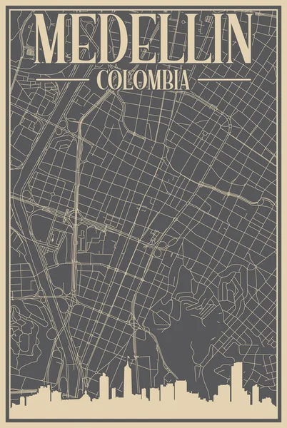 ダウンタウンのカラフルな手描きのポスターMedellin ヴィンテージの街のスカイラインとレタリングが強調されたコロンビア — ストックベクタ