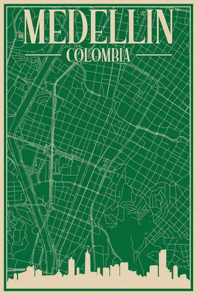Красочный Плакат Обрамлении Ручной Работы Центре Меделлина Цоломбия Выделенным Винтажным — стоковый вектор