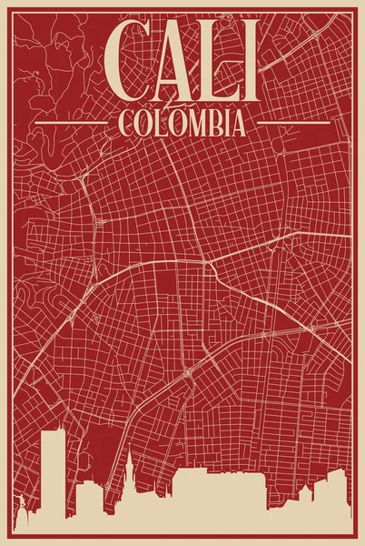 Colorful Hand Drawn Framed Poster Downtown Cali Colombia Highlighted Vintage — Stock Vector