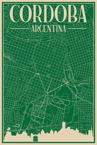 Şehir merkezi CORDOBA, ARGENTINA 'nın renkli el yapımı çerçeveli posteri vurgulanmış klasik şehir silueti ve harfleri