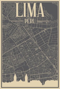 LIMA şehir merkezinin renkli el yapımı çerçeveli posteri, vurgulanmış klasik şehir silueti ve harfleriyle peru.