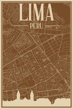 LIMA şehir merkezinin renkli el yapımı çerçeveli posteri, vurgulanmış klasik şehir silueti ve harfleriyle peru.