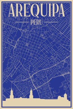 AREQUIPA şehir merkezinin renkli el yapımı çerçeveli posteri, vurgulanmış klasik şehir silueti ve harfleriyle PerU