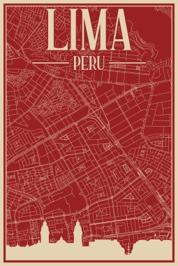 LIMA şehir merkezinin renkli el yapımı çerçeveli posteri, vurgulanmış klasik şehir silueti ve harfleriyle peru.