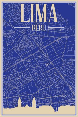 LIMA şehir merkezinin renkli el yapımı çerçeveli posteri, vurgulanmış klasik şehir silueti ve harfleriyle peru.