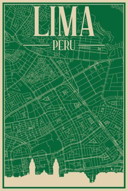 LIMA şehir merkezinin renkli el yapımı çerçeveli posteri, vurgulanmış klasik şehir silueti ve harfleriyle peru.
