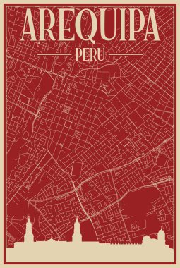 AREQUIPA şehir merkezinin renkli el yapımı çerçeveli posteri, vurgulanmış klasik şehir silueti ve harfleriyle PerU