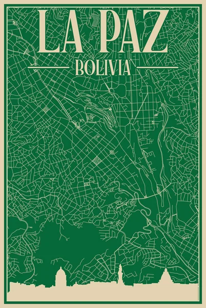 LA PAZ şehir merkezinin renkli el yapımı çerçeveli posteri, BOLIVIA vurgulanmış klasik şehir silueti ve harfleri
