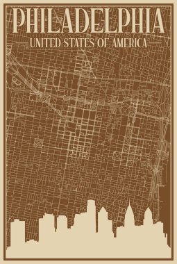 PHILADELPHIA şehir merkezinin renkli el yapımı çerçeveli posteri, Amerika Birleşik Devletleri vurgulanmış klasik şehir silueti ve harfleri