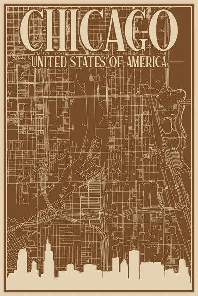ダウンタウンのカラフルな手描きのポスター ビンテージの街のスカイラインと文字が強調されたアメリカの米国シカゴ — ストックベクタ