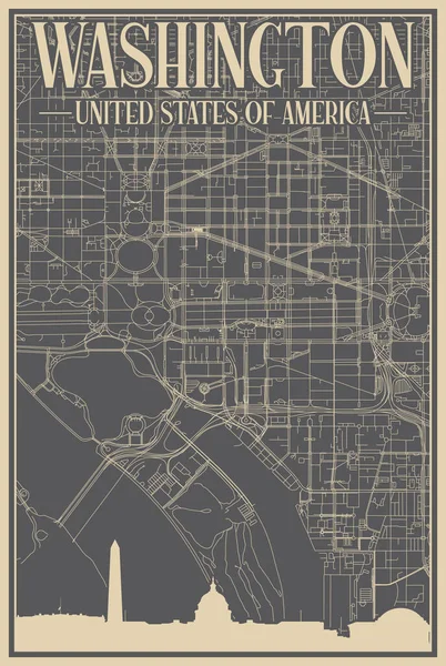 色彩艳丽的手绘框图 画的是美国华盛顿市中心的一幅画 带有醒目的老式城市天际线和字体 — 图库矢量图片