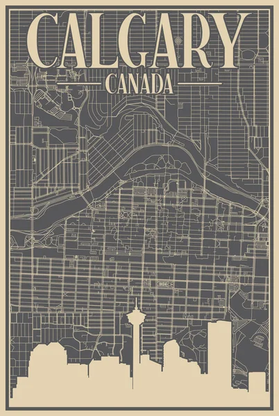 Buntes Handgezeichnetes Gerahmtes Plakat Der Innenstadt Von Kalgarn Kanada Mit — Stockvektor
