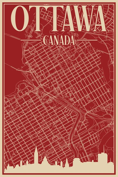 Barevný Ručně Kreslený Plakát Centru Města Ottawa Canada Zvýrazněnými Starobylými — Stockový vektor